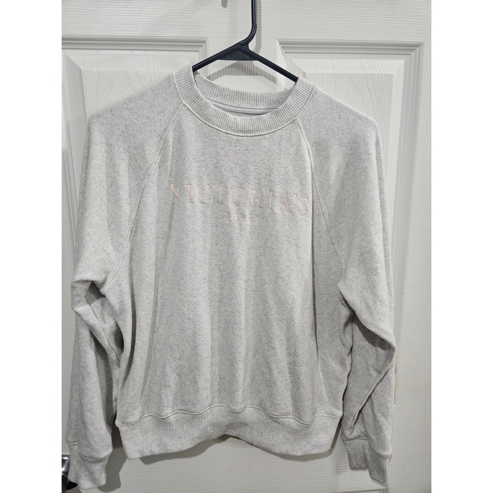 Victorias Secret Heather Gray Pink Embroidered Logo Raglan Crewneck Sweatshirt S